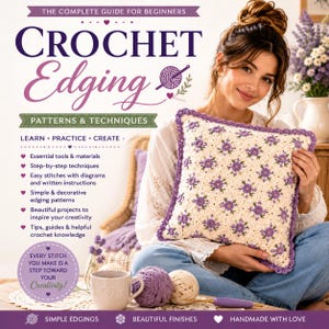 Può includere: Un libro intitolato Crochet Edging: Patterns & Techniques, The Complete Guide for Beginners. La copertina mostra un cuscino quadrato color crema con motivi floreali viola e un bordo all'uncinetto viola, insieme a gomitoli e un uncinetto.