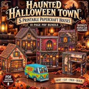 以下が含まれることがあります： 「Haunted Halloween Town」と題された10ページのPDFバンドル。5つの印刷可能なペーパークラフトハウスとボーナス用の紙製車が含まれています。温かみのある室内照明、秋の紅葉、青いミステリーマシンのバンが描かれた詳細なミニチュア建物セットです。