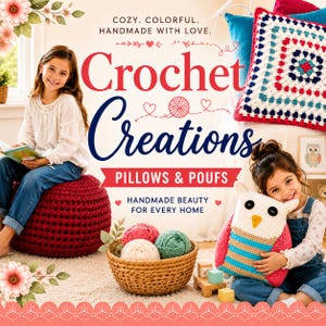 May include: A book titled Crochet Creations Pillows & Poufs featuring a red crochet pouf, a square granny square pillow, and an owl-shaped crochet pillow. The cover displays text including Cozy. Colourful. Handmade with love. and Handmade beauty for every home.