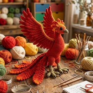 May include: A crocheted phoenix figurine featuring vibrant orange and red yarn, detailed wings, and textured tail feathers. The mythical bird has dark eyes and light green talons, standing on a wooden surface surrounded by yarn balls and tools.