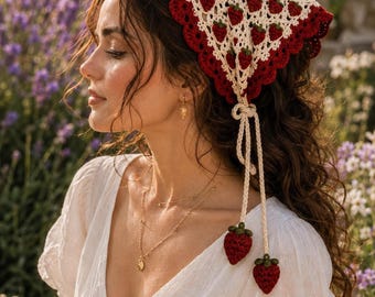 Strawberry Bandana Crochet Pattern, Cottagecore Head Scarf Tutorial (PDF Download)