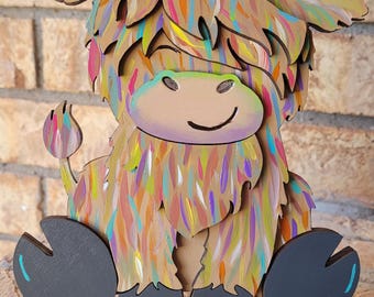 Highland Cow Shelf Sitter | Hand Painted Wooden Decor | Interchangeable Hat Home Decoration