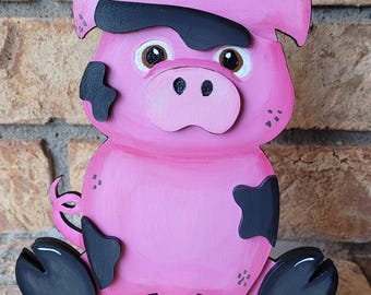 Pig Shelf Sitter | Hand Painted Wooden Decor | Interchangeable Hat Home Decoration