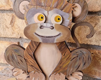 Monkey Shelf Sitter | Hand Painted Wooden Decor | Interchangeable Hat Home Decoration
