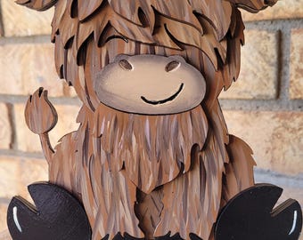 Highland Cow Shelf Sitter | Hand Painted Wooden Decor | Interchangeable Hat Home Decoration