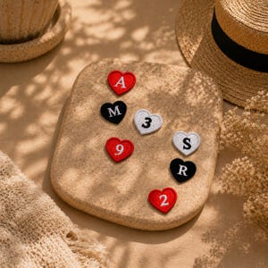 May include: A collection of seven heart-shaped embroidered patches in red, black, and white. The patches feature embroidered letters A, M, S, R and numbers 3, 9, 2. Each patch has a stitched border and is arranged on a textured, light tan surface.