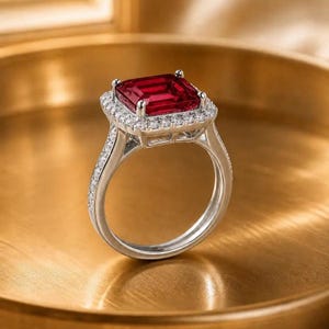 7x9 mm Lab Created Ruby Ring, Emerald Cut Ruby Ring, 925 Sterling Silver Halo Ring, July Birthstone Ring, Engagement Ring for Women