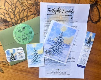 May include: A stationery set featuring a green envelope with a round sticker, a printed letter titled Twilight Twinkle, a greeting card with a snowy pine tree illustration, a small rectangular card, a sticker, and a bookmark with matching art.