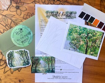 May include: A creative kit featuring a green envelope with a circular sticker, a printed guide titled Sunlit Forest, a line drawing of trees, a watercolour painting of a forest, a small paint palette, and a sticker with the text The LORD is my light.