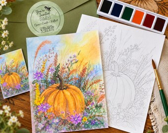 May include: A watercolour painting kit featuring a finished pumpkin and wildflower illustration, a matching line art outline, a small reference card, a green envelope with a Heart to Create sticker, a six-colour paint palette, and a paintbrush.