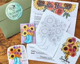 May include: A craft kit featuring a green envelope with a round sticker, a Sunshine Bouquet colouring page, a small card with sunflowers in blue boots, a sticker with sunflowers in blue boots and text, and a card with a sunflower bouquet and text.