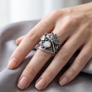 art nouveau dragonfly orchid opal ring, round fire opal flower insect jewelry, halloween jewelry gift, oxidized silver statement jewelry
