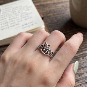 gothic nine-tailed fox wrap adjustable ring with ruby-red stone, silver fox spirit open band ring, engraved love, woodland animal jewelry,