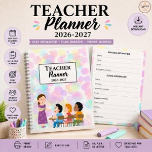 May include: A spiral-bound teacher planner for 2026-2027 with a colorful polka dot cover featuring an illustration of a teacher and students. The planner includes a personal information page with fields for contact details and school information.