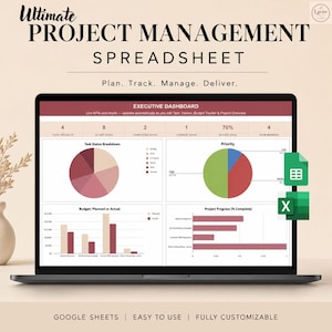 Pode incluir: Uma tela de laptop exibindo uma planilha de gerenciamento de projetos com um painel executivo contendo gráficos de pizza, gráficos de barras e métricas de projeto, com ícones do Google Sheets e do Excel.