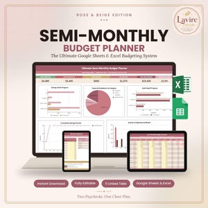 Op de afbeelding: Een digitale halfmaandelijkse budgetplanner voor Google Sheets en Excel, met een laptop, tablet en smartphone die financiële grafieken, cirkeldiagrammen en gegevenstabellen in roze en beige tinten weergeven met het Lavire Folio logo.