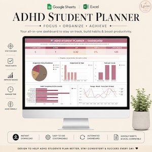 May include: A digital ADHD student planner dashboard displayed on a computer monitor, featuring charts, task tracking, and habit completion metrics in shades of pink and brown. The interface includes sections for assignment status, course tasks, and energy levels.