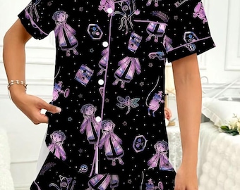 Women's Coraline Print Short Sleeve Pajama Set, Halloween Cartoon Pajamas, Comfortable Soft Sleepwear and Loungewear