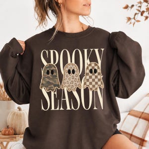 Spooky Season Ghost Sweatshirt, Patchwork Ghosts, Neutral Fall Tee