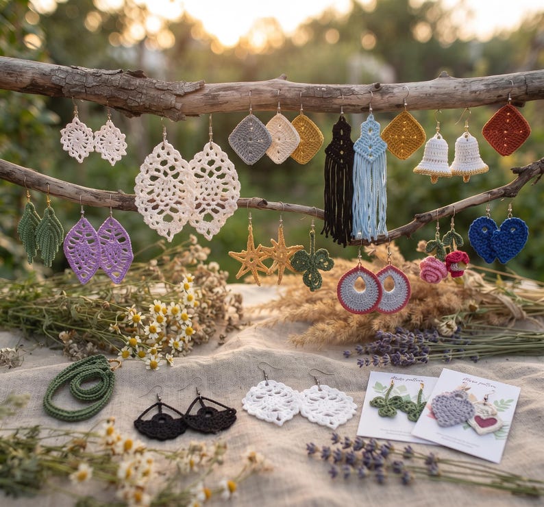 May include: A collection of handmade crochet earrings in various shapes and colors, including leaf, star, flower, and geometric designs. The earrings are displayed hanging from a wooden branch and laid out on a light-colored fabric surface.