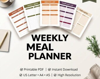 Weekly Meal Planner Notepad | Menu Grocery List Organizer (Digital Download)