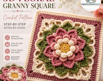 3D Floral Granny Square Crochet Pattern | Layered Petals, Leaves (Digital PDF)