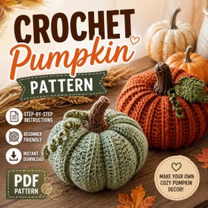Pode incluir: Um padrão de abóbora em crochê em formato PDF digital com instruções passo a passo para iniciantes. A imagem exibe uma abóbora de crochê verde-sálvia e uma laranja queimada com caules marrons e gavinhas verdes.