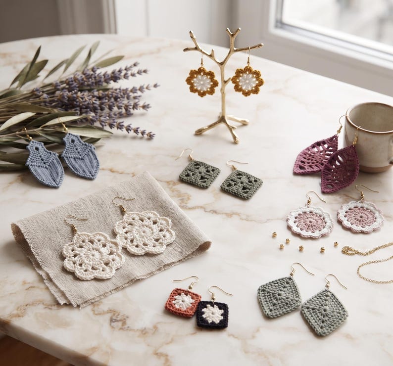 May include: A collection of various crocheted earrings in diverse shapes and colors, including white floral, blue leaf-shaped, green square, and pink circular designs, displayed alongside a gold-toned jewelry stand and a small gold chain.
