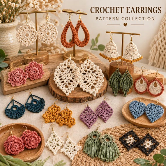 50+ Crochet Earrings Patterns Bundle | Boho Floral, Leaf, Heart Designs (Digital Download)