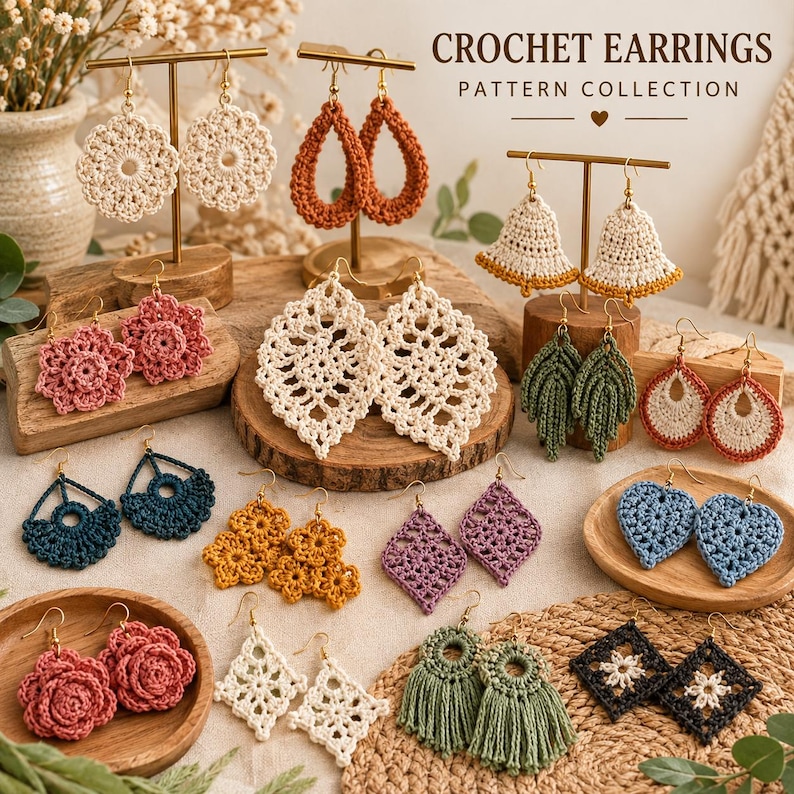 May include: A collection of various crochet earrings in diverse shapes and colors, including floral, leaf, diamond, and bell designs. The earrings are displayed on wooden stands and trays, with the text CROCHET EARRINGS PATTERN COLLECTION visible.
