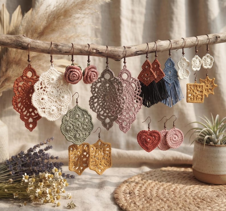May include: A collection of various crochet earrings hanging from a wooden branch. The earrings feature diverse shapes including intricate lace-like teardrops, small roses, hearts, circles, and squares in colors like rust, cream, sage, pink, and blue.