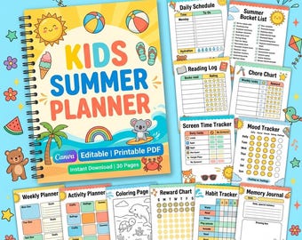 Kids Summer Activity Planner | Printable Canva Template, Routine Tracker (Digital Download)