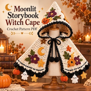 May include: A cream-colored crochet cape featuring a pointed hood and black trim. The cape is decorated with appliqués of purple flowers, orange pumpkins, yellow stars, and a crescent moon. Small ghost and pumpkin charms hang from the bottom edge.