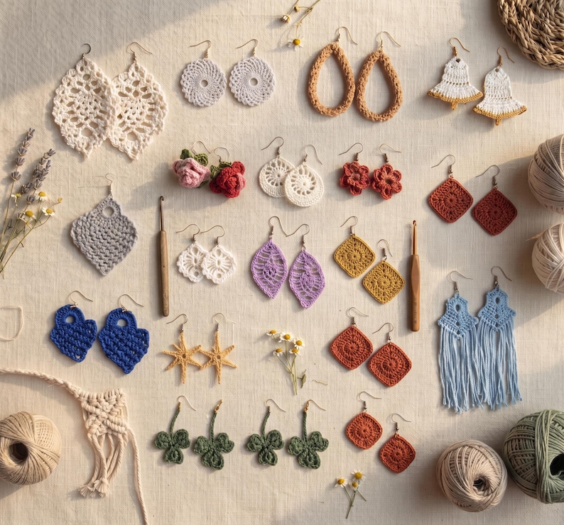 May include: A collection of various crochet earrings in diverse shapes and colors, including leaf, flower, star, and geometric designs. The set features pairs of earrings with metal hooks, alongside two wooden crochet hooks and balls of yarn.
