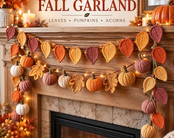 Crochet Fall Garland Pattern, Autumn Leaves, Pumpkins, Acorns (PDF)