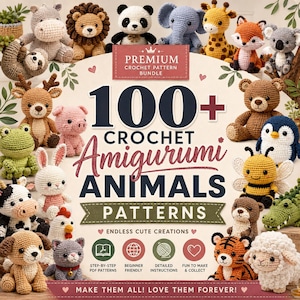 Puede incluir: Una portada de producto digital titulada 100+ Crochet Amigurumi Animals Patterns, que presenta numerosas figuras de animales tejidas a ganchillo de colores, incluyendo un león, panda, elefante, jirafa, zorro, koala, oso, pingüino, abeja y oveja dispuestos alrededor del texto.
