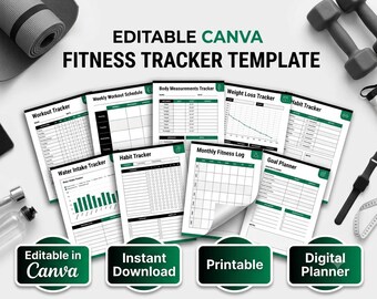 Editable Canva Fitness Tracker Template | Weight Loss, Workout, Habit Planner (Digital Download)
