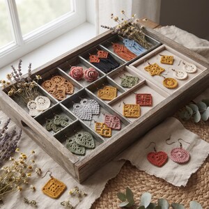 May include: A wooden organizer tray containing various pairs of handmade crochet earrings in diverse shapes and colors, including floral, geometric, and heart designs, alongside dried lavender and chamomile flowers arranged in the compartments.