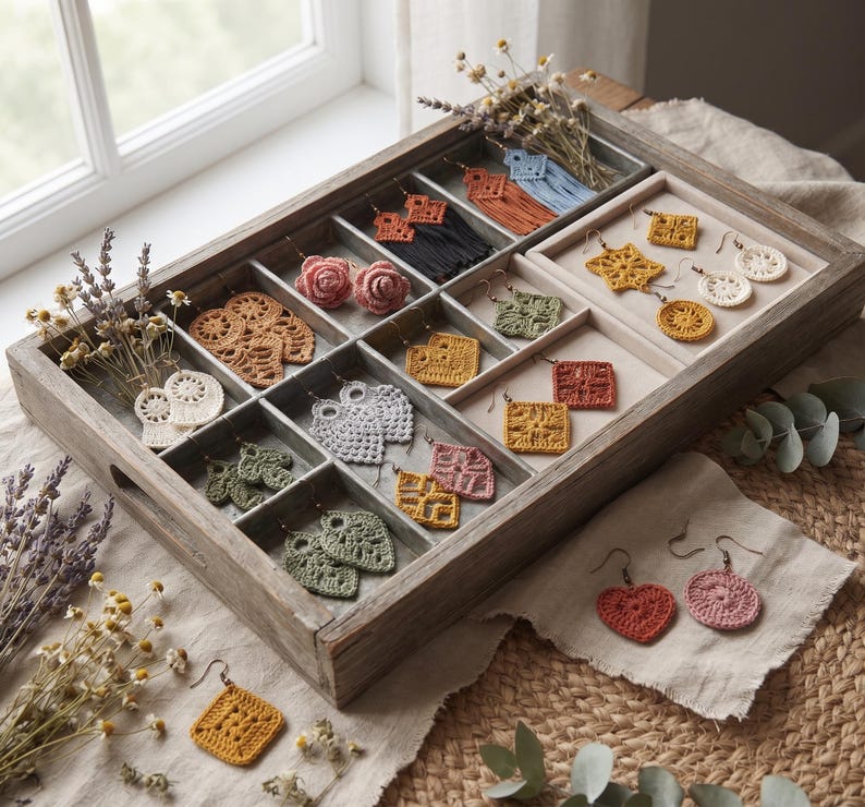 May include: A wooden organizer tray containing various pairs of handmade crochet earrings in diverse shapes and colors, including floral, geometric, and heart designs, alongside dried lavender and chamomile flowers arranged in the compartments.