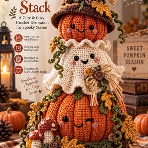Könnte beinhalten: Eine Häkelanleitung mit dem Titel Harvest Halloween Stack, die eine gestapelte Dekoration aus einem Kürbis, einem Geist und einem größeren Kürbis zeigt. Das Design umfasst einen braunen Hexenhut, kleine Pilze und Herbstblätter. Der Text enthält Etsy Digital Crochet Pattern, PDF Tutorial with Photos, Step-by-Step Instructions, Beginner to Intermediate, Designed by Cozy Crochet Studio und Pumpkins Ghosts Autumn Vibes Forever.