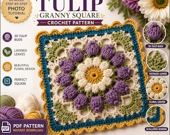 3D Tulip Granny Square Crochet Pattern, Floral Blanket, Pillow (PDF)