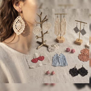 May include: A collection of crochet earrings in various shapes and colors, including cream leaf-shaped, round, and fringed designs, light blue fringed earrings, red heart-shaped earrings, pink rose studs, terracotta round lace, and black diamond-shaped lace.