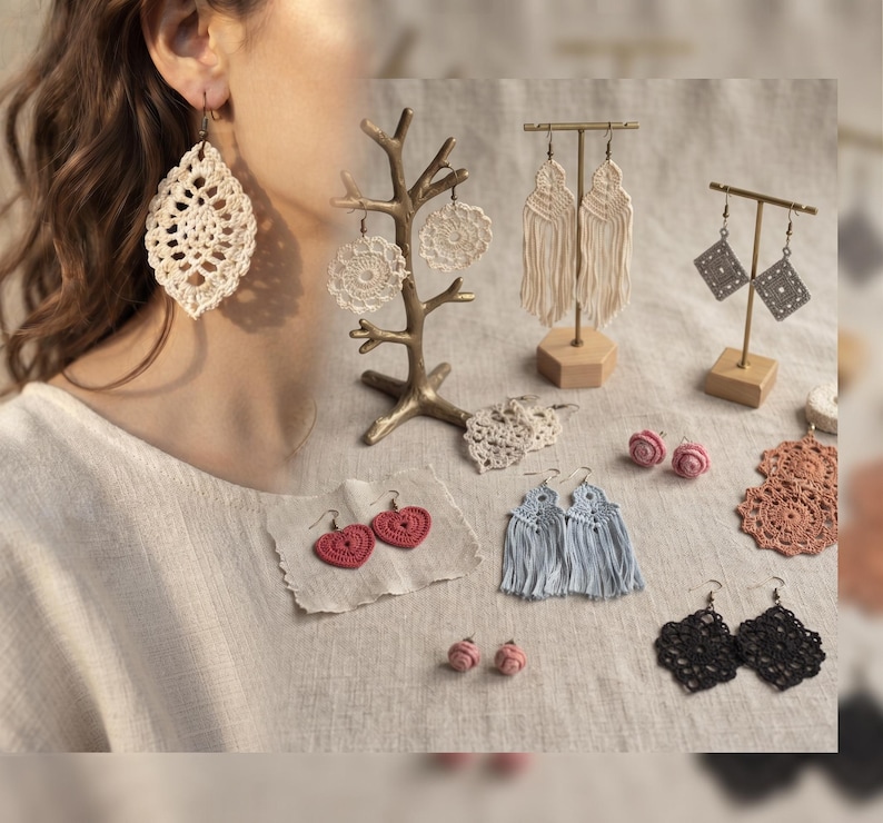 May include: A collection of crochet earrings in various shapes and colors, including cream leaf-shaped, round, and fringed designs, light blue fringed earrings, red heart-shaped earrings, pink rose studs, terracotta round lace, and black diamond-shaped lace.