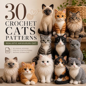 Paquete de 30 patrones de ganchillo para gatos / Amigurumi en PDF (descarga digital)