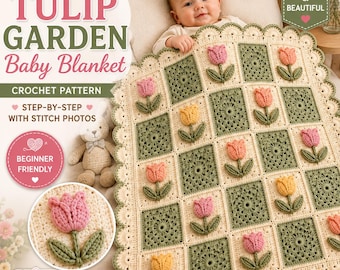 Tulip Garden Baby Blanket Crochet Pattern, Floral Granny Square Afghan (PDF)