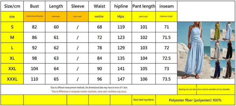 Puede incluir: Una tabla de tallas para un mono de un solo hombro con columnas para busto, longitud, cintura, cadera, largo de pantal&oacute;n y entrepierna en cent&iacute;metros. La tabla incluye tallas de la S a la XXXL y especifica 100% fibra de poli&eacute;ster.