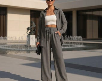 リネンコーディネートセット、レディースツーピースシャツセット、ワイドレッグパンツセット、オーバーサイズサマーラウンジウェア、リゾートカジュアルウェアボーイフレンドブラウス服