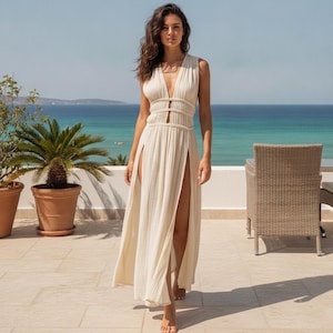 Artisanal Macrame Maxi Dress, Double Slit Summer Sundress, Plunging V Neck Resort Wear, Flowy Bohemian Riviera Beach Gown
