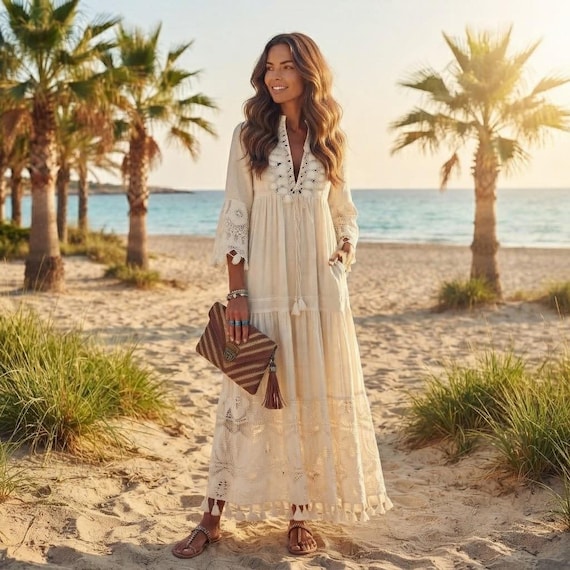 bash boho dress Cotton Blend Maxi | Crochet Lace Beach Kaftan | Tassel Fringe Resort Dress | Long Sleeve Holiday Gown | Sunset Pocket Dress Alaria Diamante Dress (Pre-Order) beach clothes this maxi dress features Shoe Size:9 USA