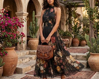 Vestido largo estilo bohemio con estampado floral y escote halter, vestido de invitada de boda, vestido de verano estilo bohemio, vestido de fiesta floral, vestido largo de vacaciones.